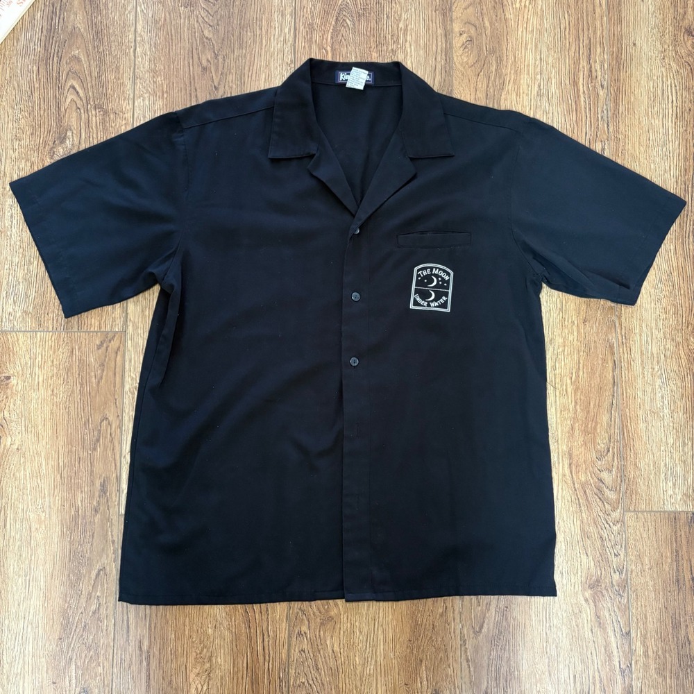 Vintage‎ King Louie Mens Black Moon Under Water Patch Camp Shirt Mens Large